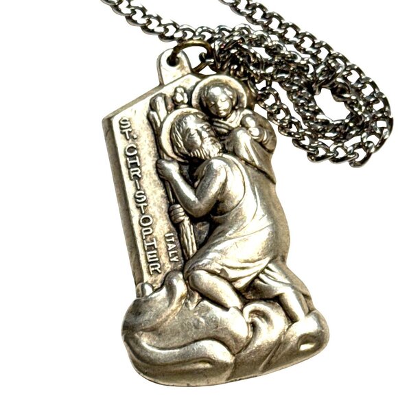 St Christopher Pendant Necklace Silver Tone Religious Medal Unisex Jewelry - Picture 1 of 9